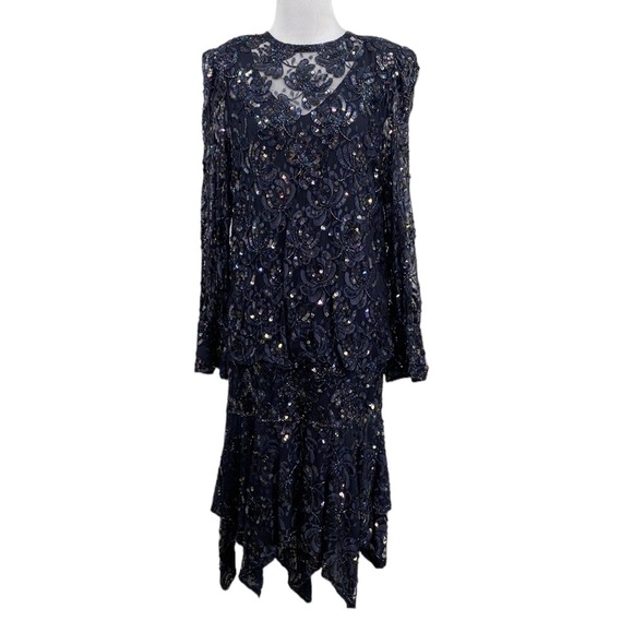Lillie Rubin Sequin Cocktail Dress Womens Size Small Blue Mesh‎ Vintage Lace - Picture 1 of 13